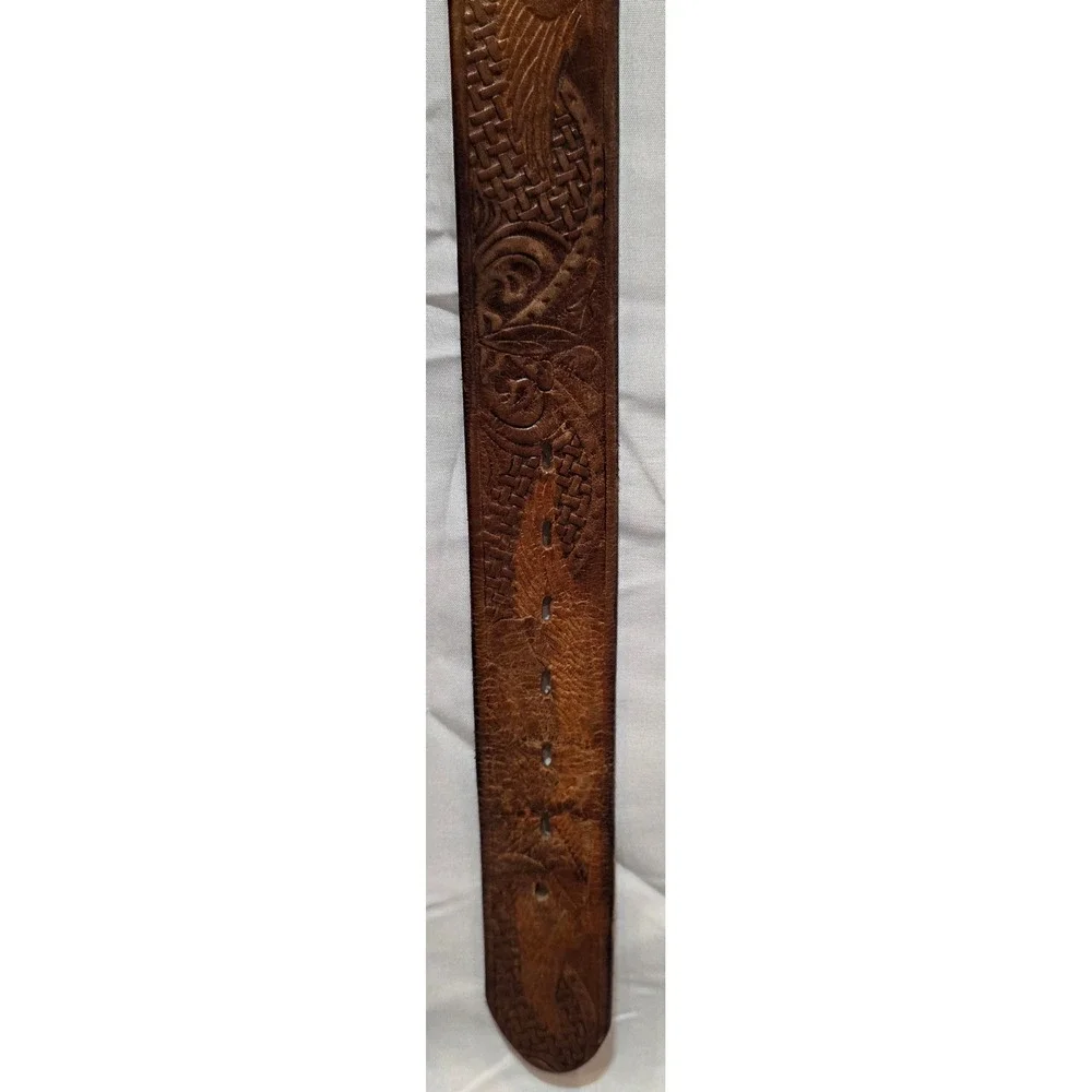 Vintage Mens Brown Grain Leather Tooled Eagle Basketweave Belt Made in USA 34